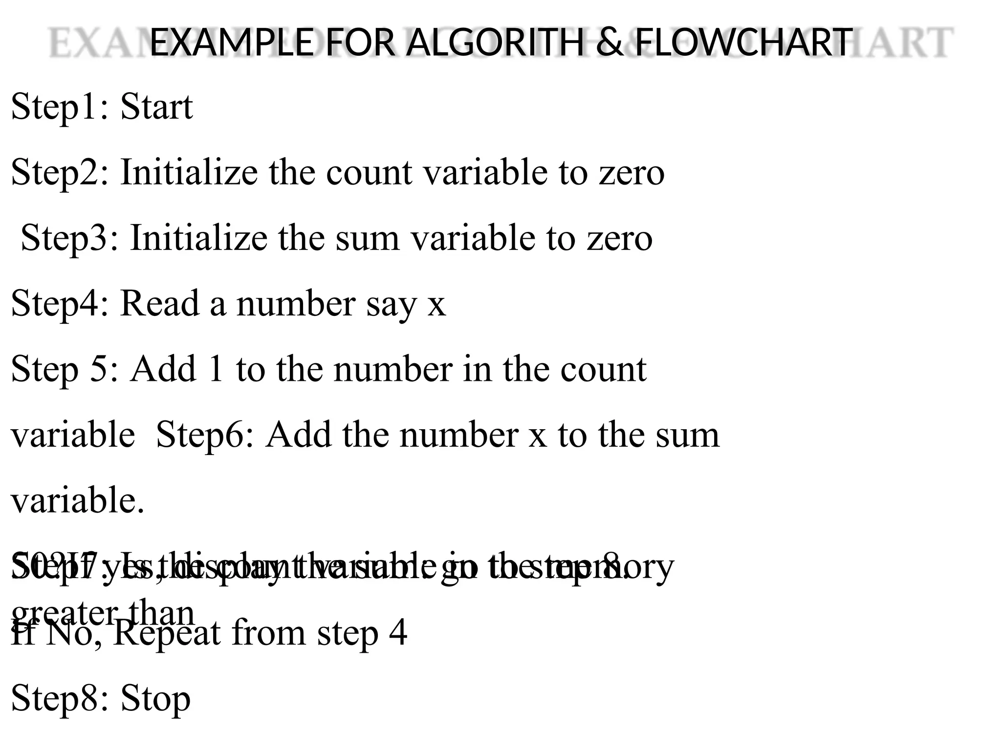 EXAMPLE FOR ALGORITH & FLOWCHART
Step1: Start
Step2: Initialize the count variable to zero
Step3: Initialize the sum variable to zero
Step4: Read a number say x
Step 5: Add 1 to the number in the count
variable Step6: Add the number x to the sum
variable.
Step7: Is the count variable in the memory
greater than
50?If yes, display the sum: go to step 8.
If No, Repeat from step 4
Step8: Stop
 