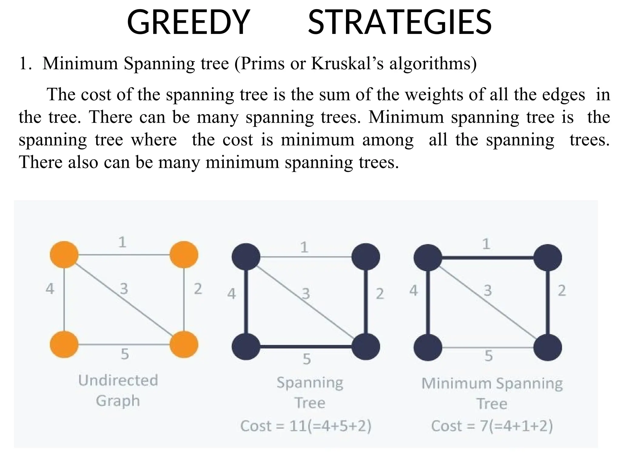 GREEDY STRATEGIES
1. Minimum Spanning tree (Prims or Kruskal’s algorithms)
The cost of the spanning tree is the sum of the weights of all the edges in
the tree. There can be many spanning trees. Minimum spanning tree is the
spanning tree where the cost is minimum among all the spanning trees.
There also can be many minimum spanning trees.
 