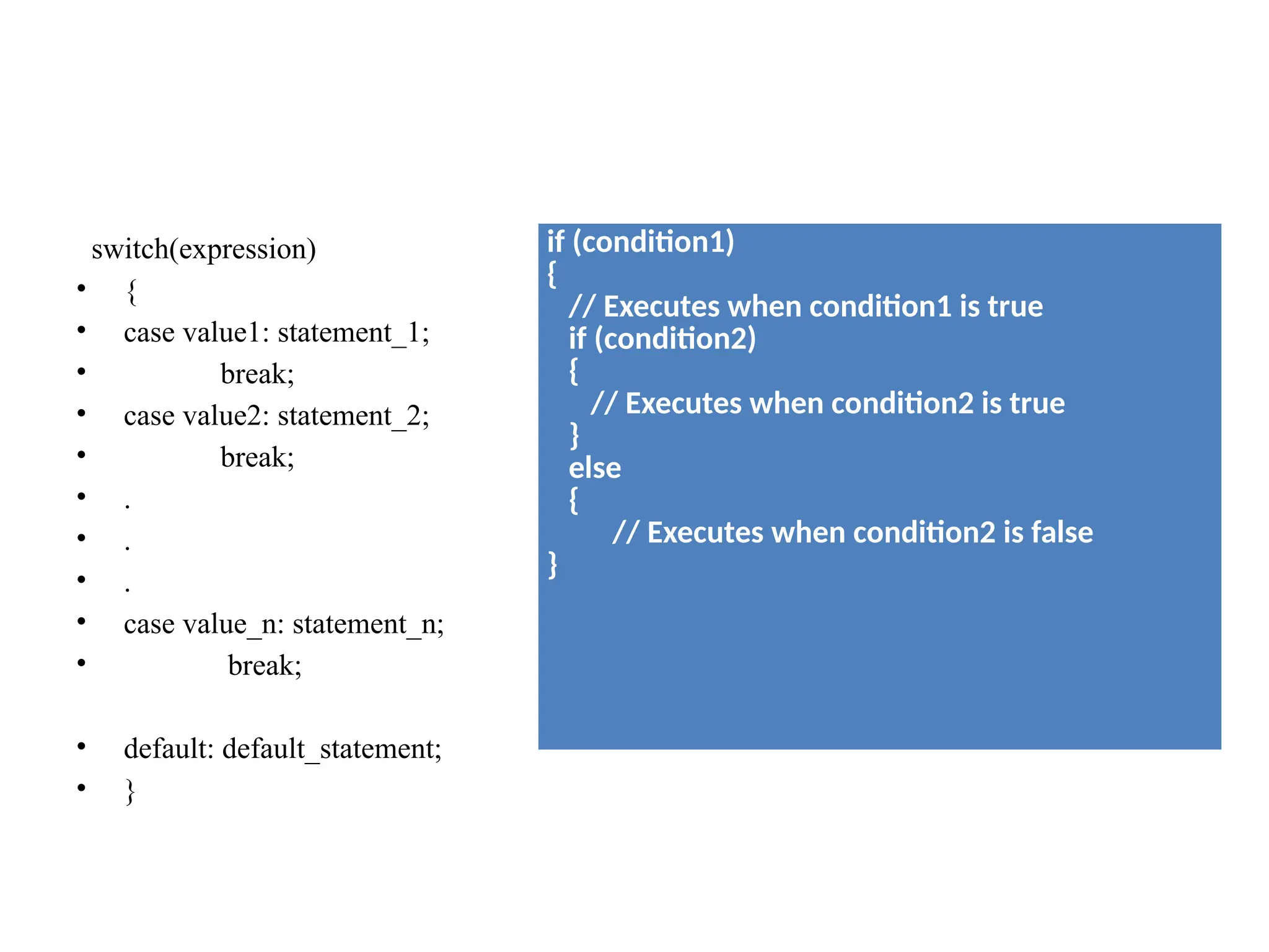 switch(expression)
• {
• case value1: statement_1;
• break;
• case value2: statement_2;
• break;
• .
• .
• .
• case value_n: statement_n;
• break;
• default: default_statement;
• }
if (condition1)
{
// Executes when condition1 is true
if (condition2)
{
// Executes when condition2 is true
}
else
{
// Executes when condition2 is false
}
 