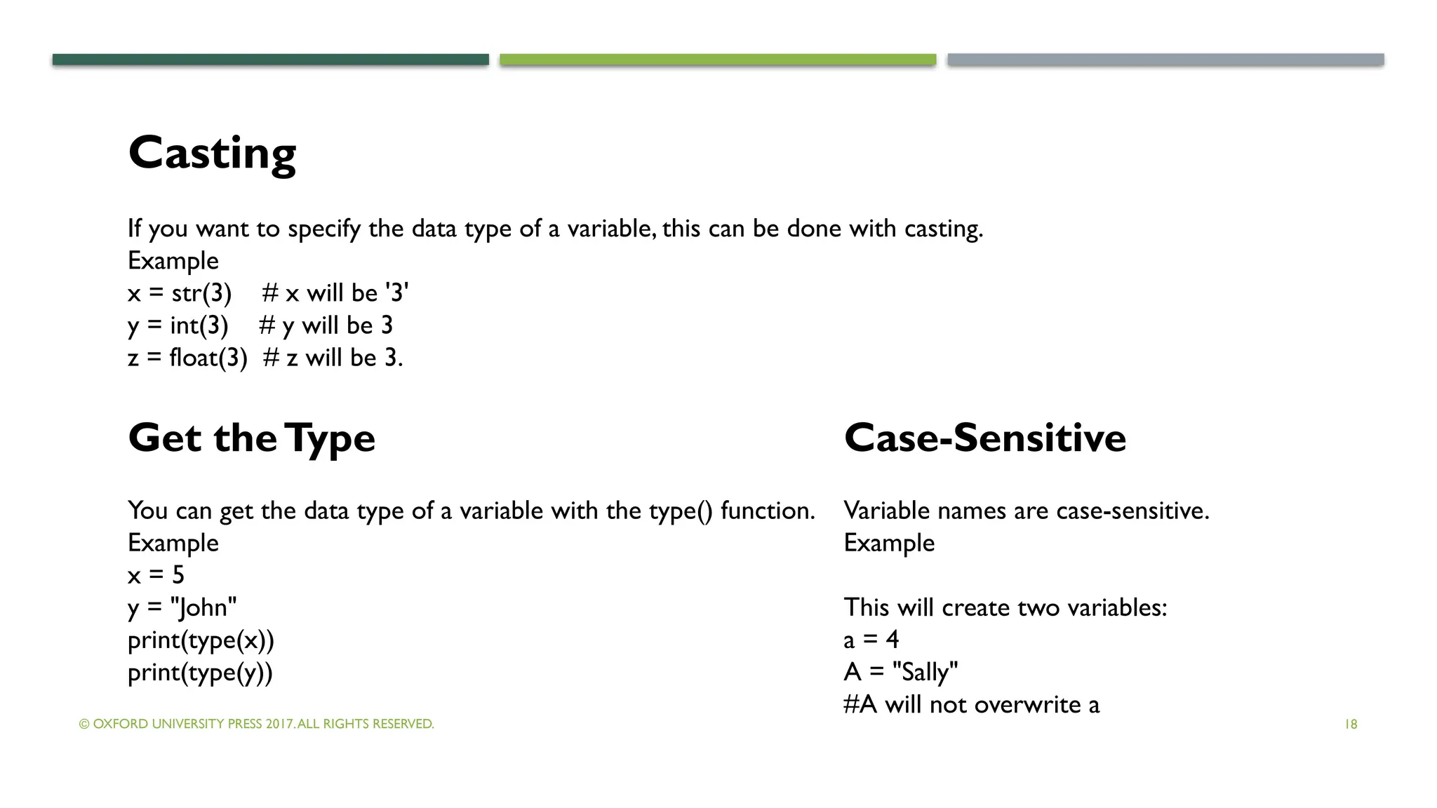 © OXFORD UNIVERSITY PRESS 2017.ALL RIGHTS RESERVED. 18
Casting
If you want to specify the data type of a variable, this can be done with casting.
Example
x = str(3) # x will be '3'
y = int(3) # y will be 3
z = float(3) # z will be 3.
Get theType
You can get the data type of a variable with the type() function.
Example
x = 5
y = "John"
print(type(x))
print(type(y))
Case-Sensitive
Variable names are case-sensitive.
Example
This will create two variables:
a = 4
A = "Sally"
#A will not overwrite a
 