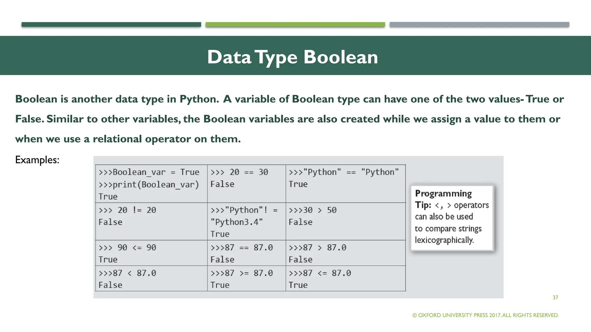 37
DataType Boolean
Boolean is another data type in Python. A variable of Boolean type can have one of the two values-True or
False. Similar to other variables, the Boolean variables are also created while we assign a value to them or
when we use a relational operator on them.
© OXFORD UNIVERSITY PRESS 2017.ALL RIGHTS RESERVED.
Examples:
 