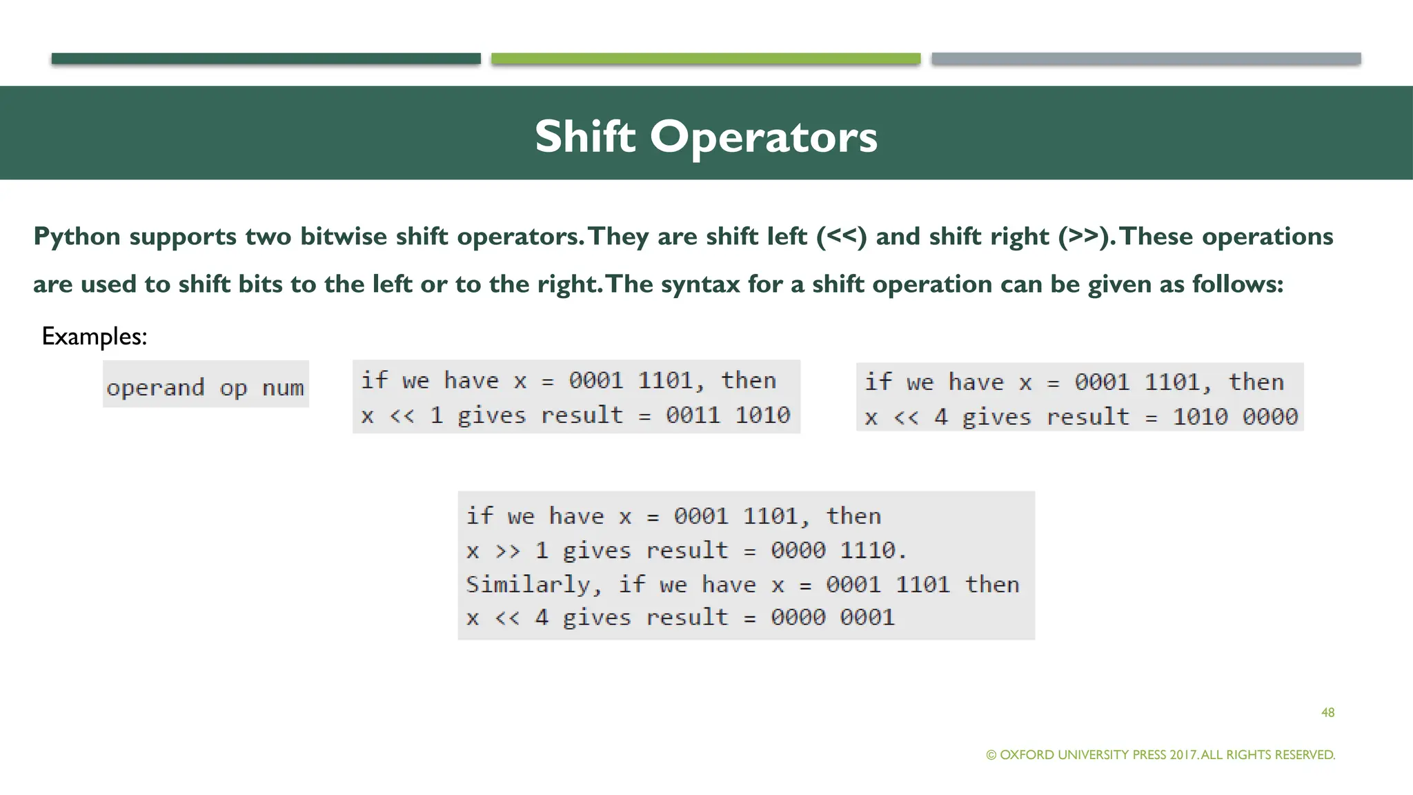 48
Shift Operators
Python supports two bitwise shift operators.They are shift left (<<) and shift right (>>).These operations
are used to shift bits to the left or to the right.The syntax for a shift operation can be given as follows:
© OXFORD UNIVERSITY PRESS 2017.ALL RIGHTS RESERVED.
Examples:
 