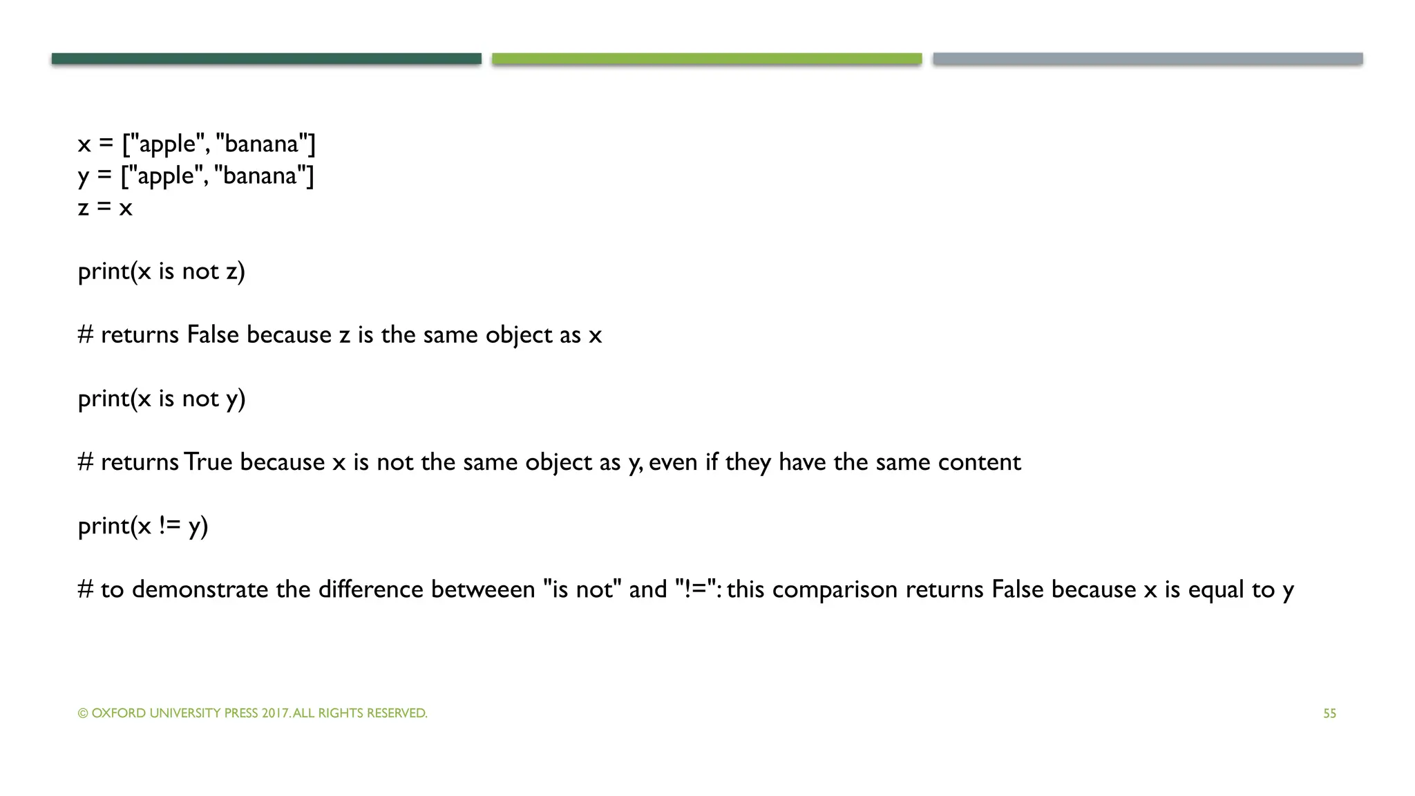 © OXFORD UNIVERSITY PRESS 2017.ALL RIGHTS RESERVED. 55
x = ["apple", "banana"]
y = ["apple", "banana"]
z = x
print(x is not z)
# returns False because z is the same object as x
print(x is not y)
# returns True because x is not the same object as y, even if they have the same content
print(x != y)
# to demonstrate the difference betweeen "is not" and "!=": this comparison returns False because x is equal to y
 