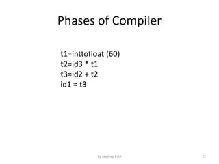 Phases of Compiler
t1=inttofloat (60)
t2=id3 * t1
t3=id2 + t2
id1 = t3
22By Jaydeep Patil
 