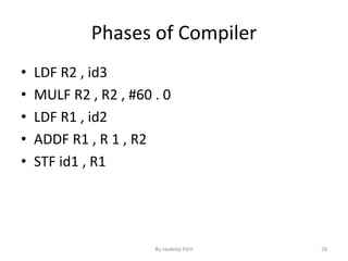 Phases of Compiler
• LDF R2 , id3
• MULF R2 , R2 , #60 . 0
• LDF R1 , id2
• ADDF R1 , R 1 , R2
• STF id1 , R1
28By Jaydeep Patil
 