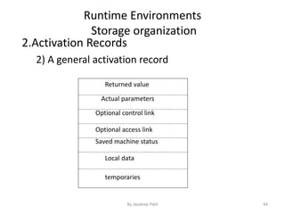 Runtime Environments
Storage organization
2.Activation Records
2) A general activation record
Returned value
Actual parameters
Optional control link
Optional access link
Saved machine status
Local data
temporaries
44By Jaydeep Patil
 