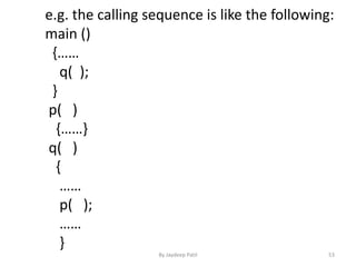 e.g. the calling sequence is like the following:
main ()
{……
q( );
}
p( )
{……}
q( )
{
……
p( );
……
}
53By Jaydeep Patil
 