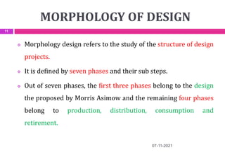 MORPHOLOGY OF DESIGN
 Morphology design refers to the study of the structure of design
projects.
 It is defined by seven phases and their sub steps.
 Out of seven phases, the first three phases belong to the design
the proposed by Morris Asimow and the remaining four phases
belong to production, distribution, consumption and
retirement.
07-11-2021
11
 