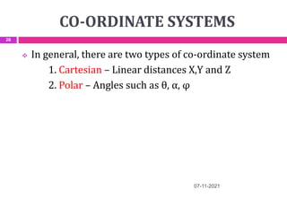 CO-ORDINATE SYSTEMS
 In general, there are two types of co-ordinate system
1. Cartesian – Linear distances X,Y and Z
2. Polar – Angles such as θ, α, φ
07-11-2021
28
 