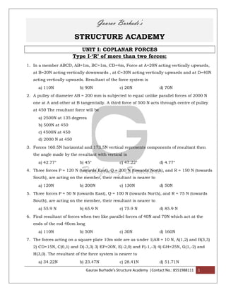 Gaurav Burhade’s Structure Academy |Contact No.: 8551988111 1
Gaurav Burhade’s
STRUCTURE ACADEMY
UNIT I: COPLANAR FORCES
Type I-‘R’ of more than two forces:
1. In a member ABCD, AB=1m, BC=1m, CD=4m, Force at A=20N acting vertically upwards,
at B=20N acting vertically downwards , at C=30N acting vertically upwards and at D=40N
acting vertically upwards. Resultant of the force system is
a) 110N b) 90N c) 20N d) 70N
2. A pulley of diameter AB = 200 mm is subjected to equal unlike parallel forces of 2000 N
one at A and other at B tangentially. A third force of 500 N acts through centre of pulley
at 450 The resultant force will be
a) 2500N at 135 degrees
b) 500N at 450
c) 4500N at 450
d) 2000 N at 450
3. Forces 160.5N horizontal and 173.5N vertical represents components of resultant then
the angle made by the resultant with vertical is
a) 42.77° b) 45° c) 47.22° d) 4.77°
4. Three forces P = 120 N (towards East), Q = 200 N (towards North), and R = 150 N (towards
South), are acting on the member, their resultant is nearer to
a) 120N b) 200N c) 130N d) 50N
5. Three forces P = 50 N (towards East), Q = 100 N (towards North), and R = 75 N (towards
South), are acting on the member, their resultant is nearer to
a) 55.9 N b) 65.9 N c) 75.9 N d) 85.9 N
6. Find resultant of forces when two like parallel forces of 40N and 70N which act at the
ends of the rod 40cm long
a) 110N b) 50N c) 30N d) 160N
7. The forces acting on a square plate 10m side are as under 1)AB = 10 N, A(1,2) and B(3,3)
2) CD=15N, C(0,1) and D(-3,3) 3) EF=20N, E(-2,0) and F(-1,-3) 4) GH=25N, G(1,-2) and
H(3,0). The resultant of the force system is nearer to
a) 34.22N b) 23.47N c) 28.41N d) 51.71N
 
