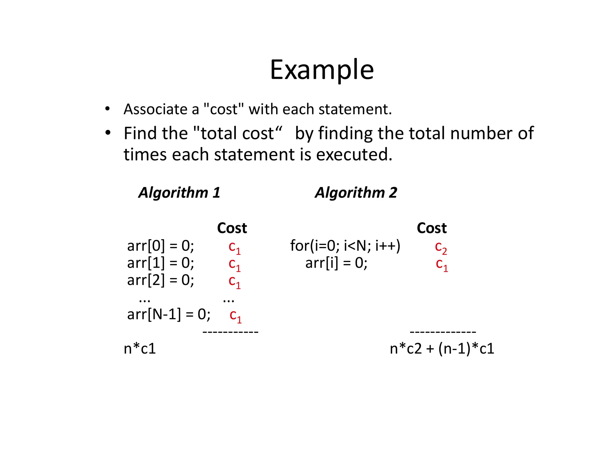 Example
• Associate a "cost" with each statement.
• Find the "total cost“ by finding the total number of
times each statement is executed.
Algorithm 1 Algorithm 2
Cost Cost
arr[0] = 0; c1 for(i=0; i<N; i++) c2
arr[1] = 0; c1 arr[i] = 0; c1
arr[2] = 0; c1
... ...
arr[N-1] = 0; c1
----------- -------------
n*c1 n*c2 + (n-1)*c1
 