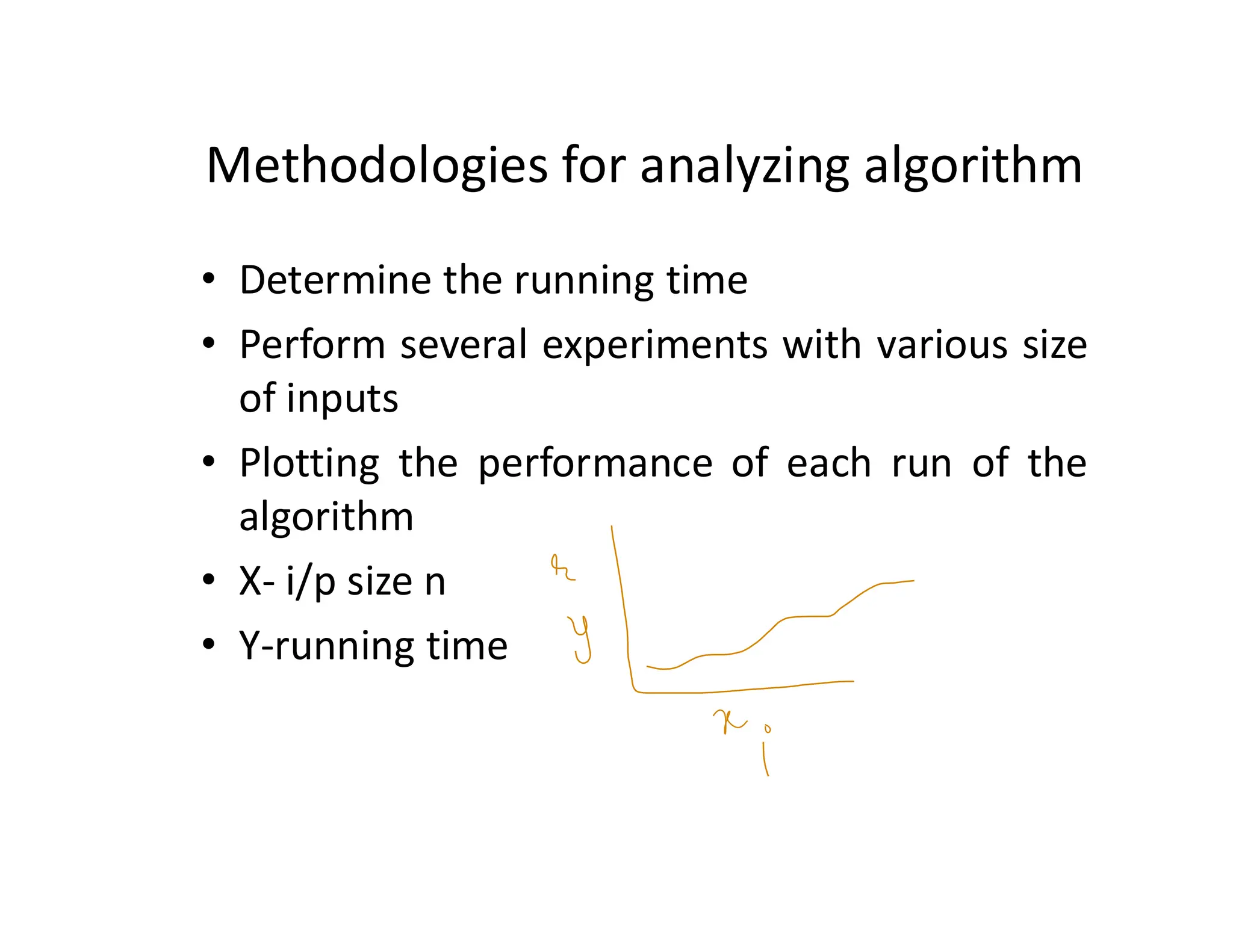 Methodologies for analyzing algorithm
• Determine the running time
• Perform several experiments with various size
of inputs
• Plotting the performance of each run of the
algorithm
• X- i/p size n
• Y-running time
 