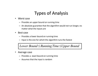 Types of Analysis
• Worst case
– Provides an upper bound on running time
– An absolute guarantee that the algorithm would not run longer, no
matter what the inputs are
• Best case
– Provides a lower bound on running time
– Input is the one for which the algorithm runs the fastest
• Average case
– Provides a exact bound on running time
– Assumes that the input is random
Lower Bound RunningTime Upper Bound
 
 