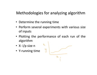 Methodologies for analyzing algorithm
• Determine the running time
• Perform several experiments with various size
of inputs
• Plotting the performance of each run of the
algorithm
• X- i/p size n
• Y-running time
 