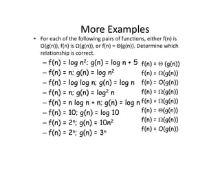More Examples
• For each of the following pairs of functions, either f(n) is
O(g(n)), f(n) is Ω(g(n)), or f(n) = Θ(g(n)). Determine which
relationship is correct.
– f(n) = log n2; g(n) = log n + 5
– f(n) = n; g(n) = log n2
– f(n) = log log n; g(n) = log n
– f(n) = n; g(n) = log2 n
– f(n) = n log n + n; g(n) = log n
– f(n) = 10; g(n) = log 10
– f(n) = 2n; g(n) = 10n2
– f(n) = 2n; g(n) = 3n
f(n) =  (g(n))
f(n) = (g(n))
f(n) = O(g(n))
f(n) = (g(n))
f(n) = (g(n))
f(n) = (g(n))
f(n) = (g(n))
f(n) = O(g(n))
 