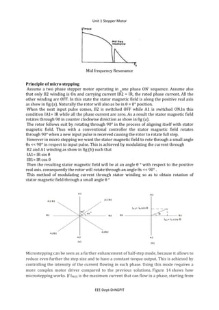 Unit 1 Stepper Motor
EEE Dept-DrNGPIT
Mid frequency Resonance
Principle of micro stepping
Assume a two phase stepper motor operating in ‗one phase ON‘ sequence. Assume also
that only B2 winding is On and carrying current IB2 = IR, the rated phase current. All the
other winding are OFF. In this state the stator magnetic field is along the positive real axis
as show in fig (a). Naturally the rotor will also as be in θ = 0° position.
When the next input pulse comes, B2 is switched OFF while A1 is switched ON.In this
condition IA1= IR while all the phase current are zero. As a result the stator magnetic field
rotates through 90 in counter clockwise direction as show in fig (a).
The rotor follows suit by rotating through 90° in the process of aligning itself with stator
magnetic field. Thus with a conventional controller the stator magnetic field rotates
through 90° when a new input pulse is received causing the rotor to rotate full step.
However in micro stepping we want the stator magnetic field to rote through a small angle
θs << 90° in respect to input pulse. This is achieved by modulating the current through
B2 and A1 winding as show in fig (b) such that
IA1= IR sin θ
IB1= IR cos θ
Then the resulting stator magnetic field will be at an angle θ ° with respect to the positive
real axis. consequently the rotor will rotate through an angle θs << 90° .
This method of modulating current through stator winding so as to obtain rotation of
stator magnetic field through a small angle θ °
Microstepping can be seen as a further enhancement of half-step mode, because it allows to
reduce even further the step size and to have a constant torque output. This is achieved by
controlling the intensity of the current flowing in each phase. Using this mode requires a
more complex motor driver compared to the previous solutions. Figure 14 shows how
microstepping works. If IMAX is the maximum current that can flow in a phase, starting from
 