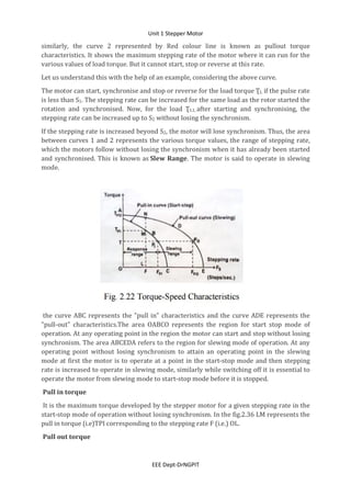 Unit 1 Stepper Motor
EEE Dept-DrNGPIT
similarly, the curve 2 represented by Red colour line is known as pullout torque
characteristics. It shows the maximum stepping rate of the motor where it can run for the
various values of load torque. But it cannot start, stop or reverse at this rate.
Let us understand this with the help of an example, considering the above curve.
The motor can start, synchronise and stop or reverse for the load torque ƮL if the pulse rate
is less than S1. The stepping rate can be increased for the same load as the rotor started the
rotation and synchronised. Now, for the load ƮL1, after starting and synchronising, the
stepping rate can be increased up to S2 without losing the synchronism.
If the stepping rate is increased beyond S2, the motor will lose synchronism. Thus, the area
between curves 1 and 2 represents the various torque values, the range of stepping rate,
which the motors follow without losing the synchronism when it has already been started
and synchronised. This is known as Slew Range. The motor is said to operate in slewing
mode.
the curve ABC represents the "pull in" characteristics and the curve ADE represents the
"pull-out" characteristics.The area OABCO represents the region for start stop mode of
operation. At any operating point in the region the motor can start and stop without losing
synchronism. The area ABCEDA refers to the region for slewing mode of operation. At any
operating point without losing synchronism to attain an operating point in the slewing
mode at first the motor is to operate at a point in the start-stop mode and then stepping
rate is increased to operate in slewing mode, similarly while switching off it is essential to
operate the motor from slewing mode to start-stop mode before it is stopped.
Pull in torque
It is the maximum torque developed by the stepper motor for a given stepping rate in the
start-stop mode of operation without losing synchronism. In the fig.2.36 LM represents the
pull in torque (i.e)TPI corresponding to the stepping rate F (i.e.) OL.
Pull out torque
 