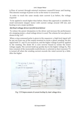 Unit 1 Stepper Motor
EEE Dept-DrNGPIT
is Flow of current through external resistance causesI2R losses and heating.
This denotes wastage of power as far as the motor is concerned.
In order to reach the same steady state current IR as before, the voltage
required
To be applied is much higher than before. Hence this approach is suitable for
small instrument stepper motor with current ratings around 100 mA, and
heating is not a major problem.
(b) Dual voltage driver (or) Bi-level driver
To reduce the power dissipation in the driver and increase the performance
of a stepping motor, a dual-voltage driver is used. The scheme for one phase is
shown in fig. 2.47.
When a step command pulse is given to the sequencer, a high level signal will
be put out from one of the output terminal to excite a phase winding. On this
signal both T1 and T2 are turned on, and the higher voltage EHwill be applied
to the winding. The diode D1 is now reverse biased to isolate the lower
voltage supply. The current build up quickly due to the higher voltage EH. The
time constant of the monostable multivibrator is selected so that transistor T1
is turned off when the winding current exceeds the rated current by a little.
After the higher
 