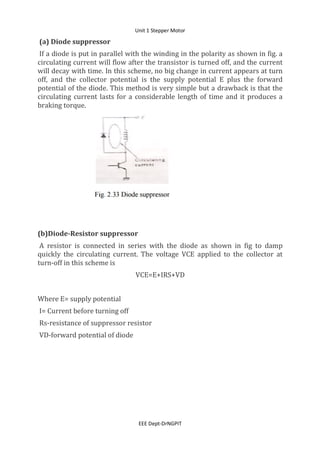Unit 1 Stepper Motor
EEE Dept-DrNGPIT
(a) Diode suppressor
If a diode is put in parallel with the winding in the polarity as shown in fig. a
circulating current will flow after the transistor is turned off, and the current
will decay with time. In this scheme, no big change in current appears at turn
off, and the collector potential is the supply potential E plus the forward
potential of the diode. This method is very simple but a drawback is that the
circulating current lasts for a considerable length of time and it produces a
braking torque.
(b)Diode-Resistor suppressor
A resistor is connected in series with the diode as shown in fig to damp
quickly the circulating current. The voltage VCE applied to the collector at
turn-off in this scheme is
VCE=E+IRS+VD
Where E= supply potential
I= Current before turning off
Rs-resistance of suppressor resistor
VD-forward potential of diode
 