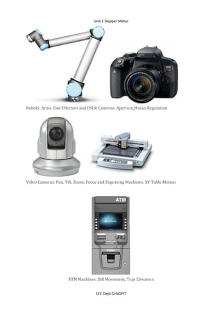 Unit 1 Stepper Motor
EEE Dept-DrNGPIT
Robots: Arms, End Effectors and DSLR Cameras: Aperture/Focus Regulation
Video Cameras: Pan, Tilt, Zoom, Focus and Engraving Machines: XY Table Motion
ATM Machines: Bill Movement, Tray Elevators
 