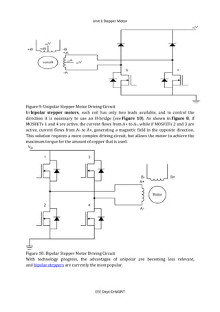 Unit 1 Stepper Motor
EEE Dept-DrNGPIT
Figure 9: Unipolar Stepper Motor Driving Circuit
In bipolar stepper motors, each coil has only two leads available, and to control the
direction it is necessary to use an H-bridge (see Figure 10). As shown in Figure 8, if
MOSFETs 1 and 4 are active, the current flows from A+ to A-, while if MOSFETs 2 and 3 are
active, current flows from A- to A+, generating a magnetic field in the opposite direction.
This solution requires a more complex driving circuit, but allows the motor to achieve the
maximum torque for the amount of copper that is used.
Figure 10: Bipolar Stepper Motor Driving Circuit
With technology progress, the advantages of unipolar are becoming less relevant,
and bipolar steppers are currently the most popular.
 