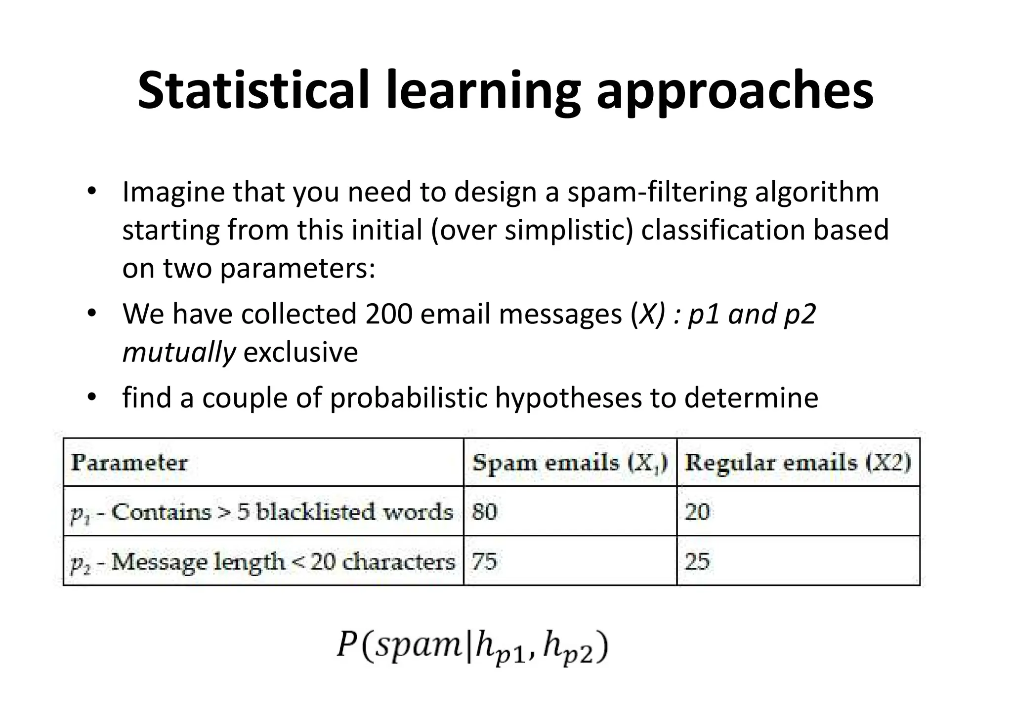 Statistical learning approaches
• Imagine that you need to design a spam-filtering algorithm
starting from this initial (over simplistic) classification based
on two parameters:
• We have collected 200 email messages (X) : p1 and p2
mutually exclusive
• find a couple of probabilistic hypotheses to determine
 