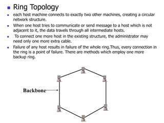 Ring Topology
 each host machine connects to exactly two other machines, creating a circular
network structure.
 When one host tries to communicate or send message to a host which is not
adjacent to it, the data travels through all intermediate hosts.
 To connect one more host in the existing structure, the administrator may
need only one more extra cable.
 Failure of any host results in failure of the whole ring.Thus, every connection in
the ring is a point of failure. There are methods which employ one more
backup ring.
Backbone
 