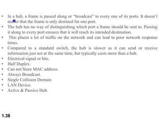 
1.38
• In a hub, a frame is passed along or “broadcast” to every one of its ports. It doesn’t
matter that the frame is only destined for one port.
• The hub has no way of distinguishing which port a frame should be sent to. Passing
it along to every port ensures that it will reach its intended destination.
• This places a lot of traffic on the network and can lead to poor network response
times.
• Compared to a standard switch, the hub is slower as it can send or receive
information just not at the same time, but typically costs more than a hub.
• Electrical signal or bits.
• Half Duplex.
• Can not Store MAC address.
• Always Broadcast.
• Single Collision Domain
• LAN Device.
• Active & Passive Hub.
 
