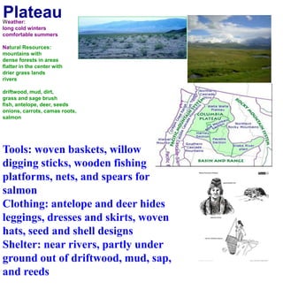 PlateauWeather:long cold winterscomfortable summers Natural Resources:mountains with dense forests in areasflatter in the center with drier grass landsriversdriftwood, mud, dirt,grass and sage brushfish, antelope, deer, seedsonions, carrots, camas roots, salmonTools: woven baskets, willow digging sticks, wooden fishing platforms, nets, and spears for salmonClothing: antelope and deer hides leggings, dresses and skirts, woven hats, seed and shell designsShelter: near rivers, partly under ground out of driftwood, mud, sap, and reeds