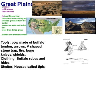 Great PlainsWeather:cold winters hot summersNatural Resources:mountains surrounding edgestreeless grasslands in the centereast more water and softer soilwest drier dense grassBuffalo and smaller animalsTools: bow made of buffalo tendon, arrows, V shaped stone trap, fire, bone knives, shields, Clothing: Buffalo robes and hidesShelter: Houses called tipis
