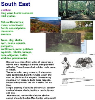South EastWeather:long warm humid summersmild wintersNatural Resources:rivers, ocean/coastFertile coastal plainsmountains, swampsTrees, clay, shells, corn, beans, squash, pumpkins, sunflowers, sweet potatoessquirrels, rabbits, turkeys, deer, alligators, turtles,wild rice, persimmonsHouses were made from strips of young trees woven into a rectangular frame, then plastered with clay. These houses had pointed roofs made of leaves.Towns included many mounds, first mounds were burial sites, but others were larger, and used as platforms for temples.  It took many months, even years, to build these mounds, because they moved the dirt 1 basket full at a time.Simple clothing was made of deer skin. Jewelry made of stones, shells, feathers, pearls, bones, and clay. Women used hoes made of stone, shell or animal shoulder blades. Men hunted using small blow guns, and bows and arrows.