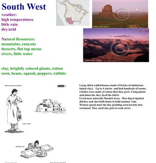 South WestWeather:high temperatureslittle rain dry/aridNatural Resources:mountains, canyonsdesserts, flat top mesasrivers, little waterclay, brightly colored plants, cottoncorn, beans, squash, peppers, rabbitsLarge thick walled houses made of bricks of adobe(sun baked clay).   Up to 4 stories  and had hundreds of rooms. Clothes were made of cotton that they grew. Using plants and minerals, they dyed the fabricLived near naturally flooded areas.  Men dug irrigation ditches, and also built dams to hold summer rain. Women spend most the day grinding corn kernels into cornmeal. They used clay pots to cook stews