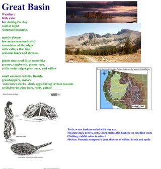 Great BasinWeather:little rainhot during the day cold at nightNatural Resources:mostly dessertlow areas surrounded by mountains at the edgeswith valleys that had seasonal lakes and streamsplants that need little water likegrasses, sagebrush, pinon trees, at the outer edges pine trees, and willowsmall animals rabbits, lizards, grasshoppers, snakes sometimes ducks , duck eggs during certain seasons seeds,berries pine nuts, roots, cattailTools: water baskets sealed with tree sapFloating duck decoys, nets, sharp sticks, flat baskets for catching seedsClothing: rabbit robes in winterShelter: Nomadic temporary cone shelters of willow, brush and reeds