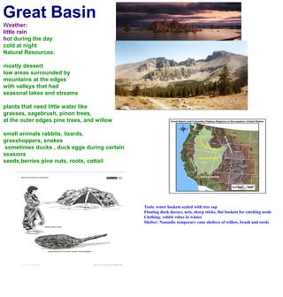 Great BasinWeather:little rainhot during the day cold at nightNatural Resources:mostly dessertlow areas surrounded by mountains at the edgeswith valleys that had seasonal lakes and streamsplants that need little water likegrasses, sagebrush, pinon trees, at the outer edges pine trees, and willowsmall animals rabbits, lizards, grasshoppers, snakes sometimes ducks , duck eggs during certain seasons seeds,berries pine nuts, roots, cattailTools: water baskets sealed with tree sapFloating duck decoys, nets, sharp sticks, flat baskets for catching seedsClothing: rabbit robes in winterShelter: Nomadic temporary cone shelters of willow, brush and reeds