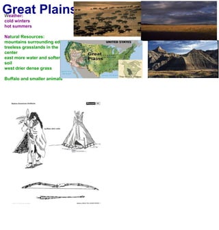 Great PlainsWeather:cold winters hot summersNatural Resources:mountains surrounding edgestreeless grasslands in the centereast more water and softer soilwest drier dense grassBuffalo and smaller animals