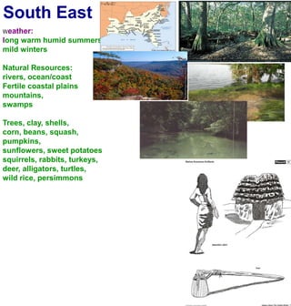 South EastWeather:long warm humid summersmild wintersNatural Resources:rivers, ocean/coastFertile coastal plainsmountains, swampsTrees, clay, shells, corn, beans, squash, pumpkins, sunflowers, sweet potatoessquirrels, rabbits, turkeys, deer, alligators, turtles,wild rice, persimmons