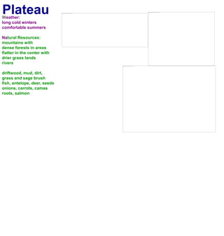 PlateauWeather:long cold winterscomfortable summers Natural Resources:mountains with dense forests in areasflatter in the center with drier grass landsriversdriftwood, mud, dirt,grass and sage brushfish, antelope, deer, seedsonions, carrots, camas roots, salmon