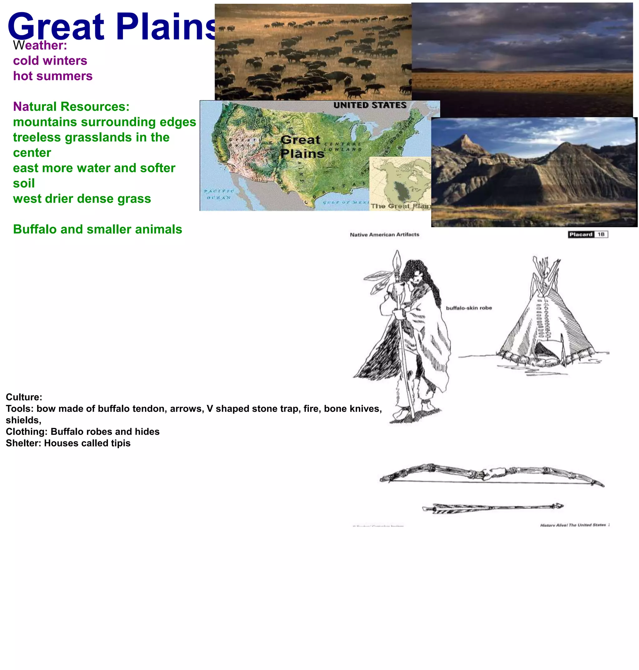 Great PlainsWeather:cold winters hot summersNatural Resources:mountains surrounding edgestreeless grasslands in the centereast more water and softer soilwest drier dense grassBuffalo and smaller animalsCulture:Tools: bow made of buffalo tendon, arrows, V shaped stone trap, fire, bone knives, shields, Clothing: Buffalo robes and hidesShelter: Houses called tipis