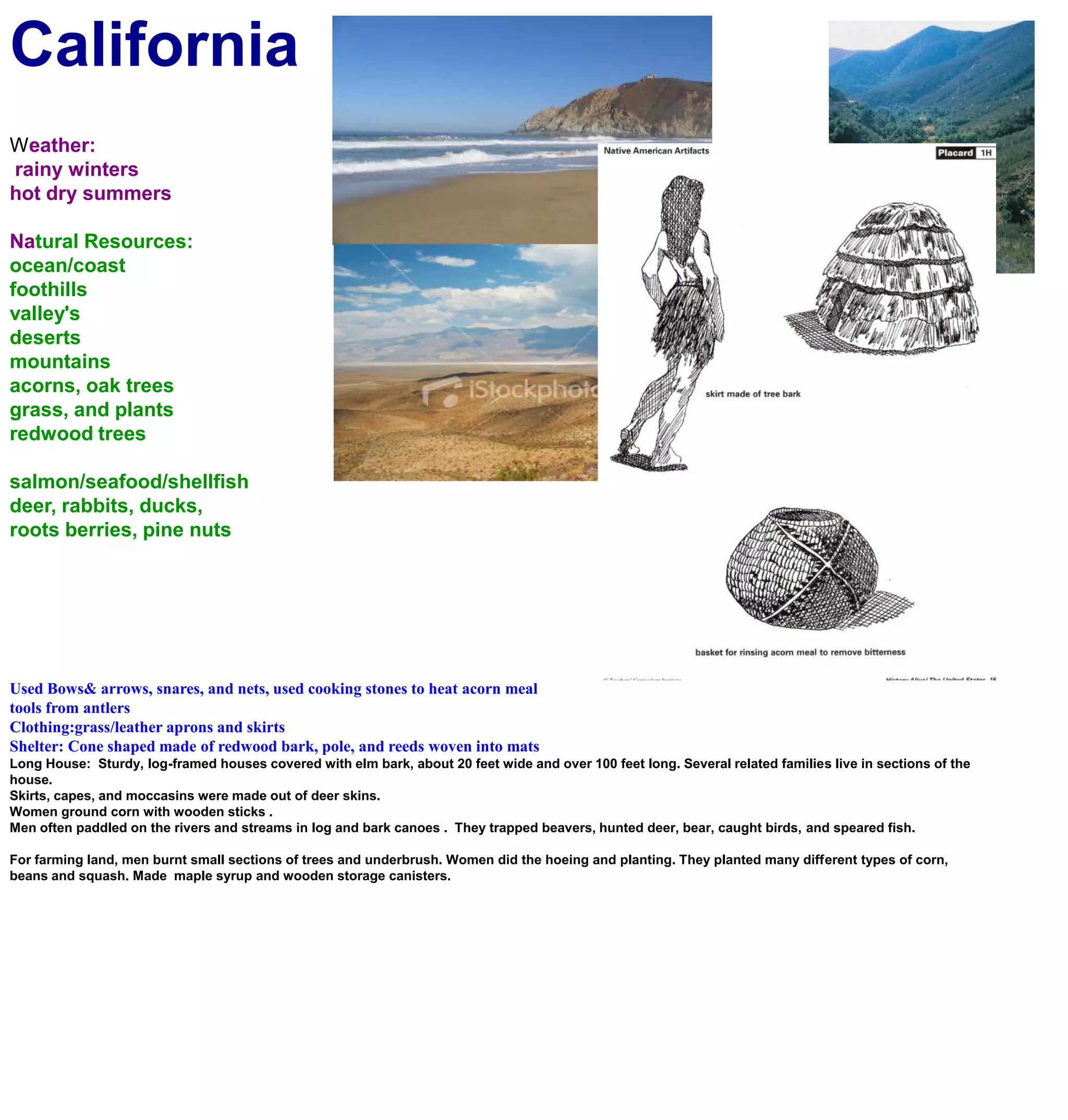 CaliforniaWeather: rainy wintershot dry summersNatural Resources:ocean/coastfoothillsvalley&apos;sdesertsmountainsacorns, oak treesgrass, and plantsredwood treessalmon/seafood/shellfishdeer, rabbits, ducks, roots berries, pine nuts Used Bows& arrows, snares, and nets, used cooking stones to heat acorn meal tools from antlersClothing:grass/leather aprons and skirtsShelter: Cone shaped made of redwood bark, pole, and reeds woven into matsLong House:  Sturdy, log-framed houses covered with elm bark, about 20 feet wide and over 100 feet long. Several related families live in sections of the house.Skirts, capes, and moccasins were made out of deer skins.Women ground corn with wooden sticks .Men often paddled on the rivers and streams in log and bark canoes .  They trapped beavers, hunted deer, bear, caught birds, and speared fish.For farming land, men burnt small sections of trees and underbrush. Women did the hoeing and planting. They planted many different types of corn, beans and squash. Made  maple syrup and wooden storage canisters.