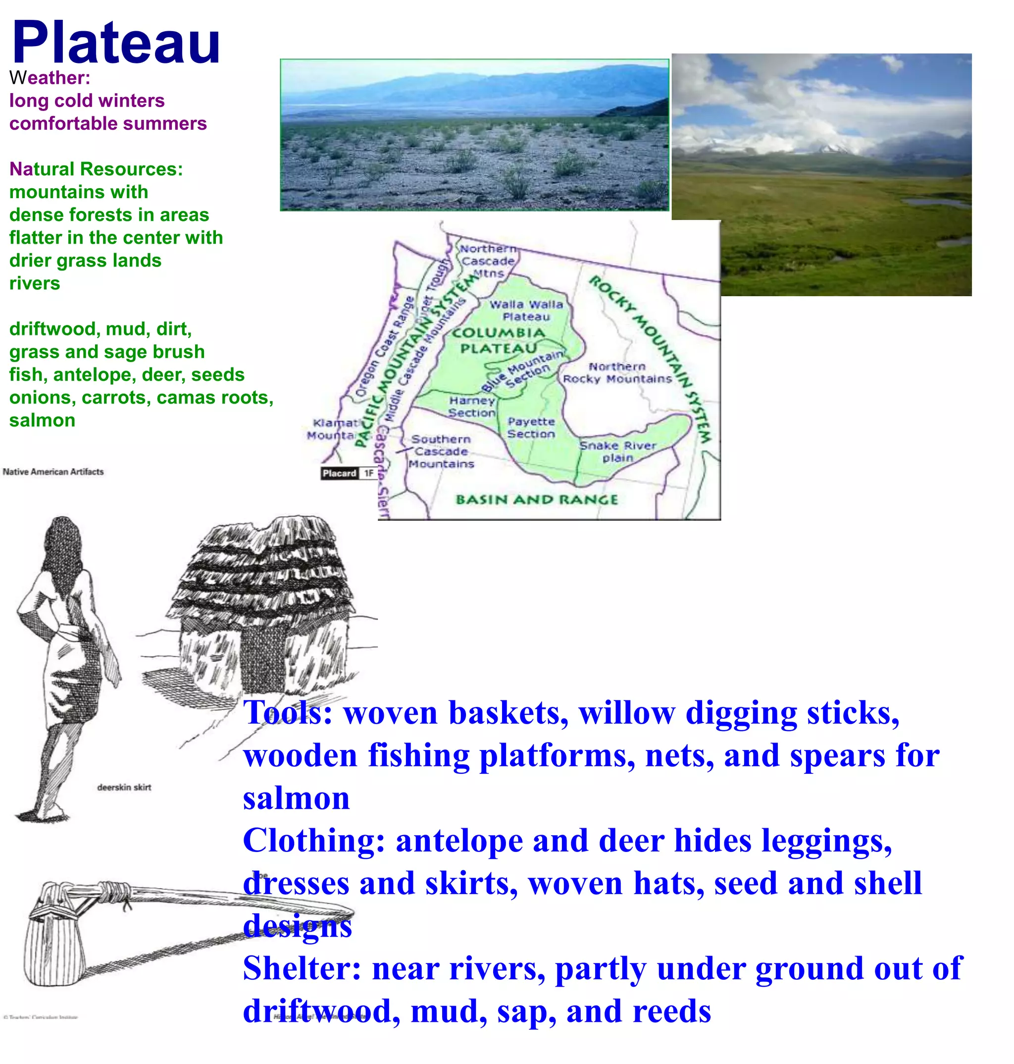 PlateauWeather:long cold winterscomfortable summers Natural Resources:mountains with dense forests in areasflatter in the center with drier grass landsriversdriftwood, mud, dirt,grass and sage brushfish, antelope, deer, seedsonions, carrots, camas roots, salmonTools: woven baskets, willow digging sticks, wooden fishing platforms, nets, and spears for salmonClothing: antelope and deer hides leggings, dresses and skirts, woven hats, seed and shell designsShelter: near rivers, partly under ground out of driftwood, mud, sap, and reeds