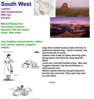 South WestWeather:high temperatureslittle rain dry/aridNatural Resources:mountains, canyonsdesserts, flat top mesasrivers, little waterclay, brightly colored plants, cottoncorn, beans, squash, peppers, rabbitslarge thick walled houses made of bricks of adobe(sun baked clay).   Up to 4 stories  and had hundreds of rooms. Clothes were made of cotton that they grew. Using plants and minerals, they dyed the fabricLived near naturally flooded areas.  Men dug irrigation ditches, and also built dams to hold summer rain. Women spend most the day grinding corn kernels into cornmeal. They used clay pots to cook stewsQueblo