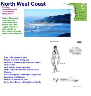 North West CoastWeather:long cold winterscool summersheavy rainfallNatural Resources:ocean/beachesthick forests of fir, spruce, and cedarrugged mountainsseafood/salmondeer, moose, bear, elk, beaver, mountain goatsUsed cedar canoes to huntFenced in salmon laying eggsused cedar to make rope, mats and basketsshell needles used wedges, sledge hammers, drills, and knifes to carve wooden masksClothing:Cedar water proof clothing like capes withdecorative shell buttons Shelter: lived near the coastCedar Long Houses with cedar bark roofs