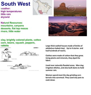 South WestWeather:high temperatureslittle rain dry/aridNatural Resources:mountains, canyonsdesserts, flat top mesasrivers, little waterclay, brightly colored plants, cottoncorn, beans, squash, peppers, rabbitsLarge thick walled houses made of bricks of adobe(sun baked clay).   Up to 4 stories  and had hundreds of rooms.  Clothes were made of cotton that they grew. Using plants and minerals, they dyed the fabric Lived near naturally flooded areas.  Men dug irrigation ditches, and also built dams to hold summer rain.  Women spend most the day grinding corn kernels into cornmeal. They used clay pots to cook stews 