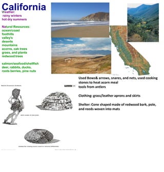 CaliforniaWeather: rainy wintershot dry summersNatural Resources:ocean/coastfoothillsvalley'sdesertsmountainsacorns, oak treesgrass, and plantsredwood treessalmon/seafood/shellfishdeer, rabbits, ducks, roots berries, pine nuts Used Bows& arrows, snares, and nets, used cooking stones to heat acorn meal tools from antlers Clothing: grass/leather aprons and skirts Shelter: Cone shaped made of redwood bark, pole, and reeds woven into mats