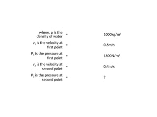 where, ρ is the
density of water = 1000kg/m3
v1 is the velocity at
first point
= 0.6m/s
P1 is the pressure at
first point
= 1600N/m2
v2 is the velocity at
second point
= 0.4m/s
P2 is the pressure at
second point
= ?
 