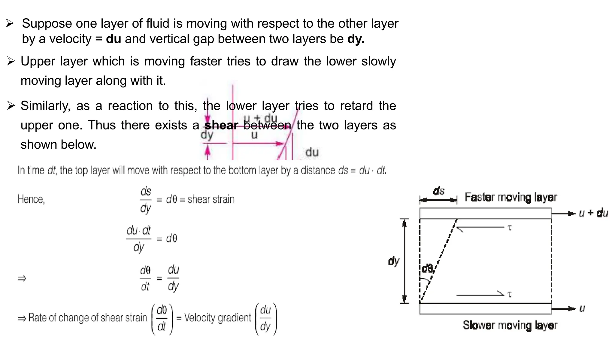  Suppose one layer of fluid is moving with respect to the other layer
by a velocity = du and vertical gap between two layers be dy.
 Upper layer which is moving faster tries to draw the lower slowly
moving layer along with it.
 Similarly, as a reaction to this, the lower layer tries to retard the
upper one. Thus there exists a shear between the two layers as
shown below.
 