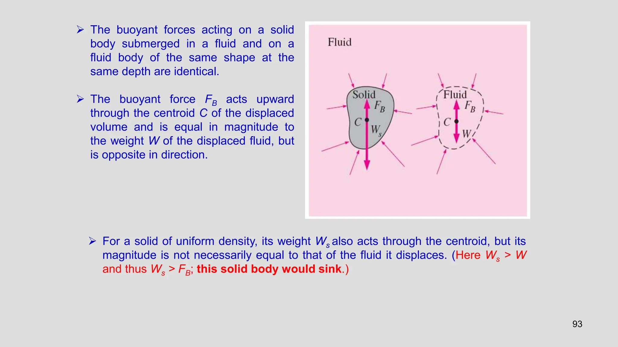 93
 The buoyant forces acting on a solid
body submerged in a fluid and on a
fluid body of the same shape at the
same depth are identical.
 The buoyant force FB acts upward
through the centroid C of the displaced
volume and is equal in magnitude to
the weight W of the displaced fluid, but
is opposite in direction.
 For a solid of uniform density, its weight Ws also acts through the centroid, but its
magnitude is not necessarily equal to that of the fluid it displaces. (Here Ws > W
and thus Ws > FB; this solid body would sink.)
 