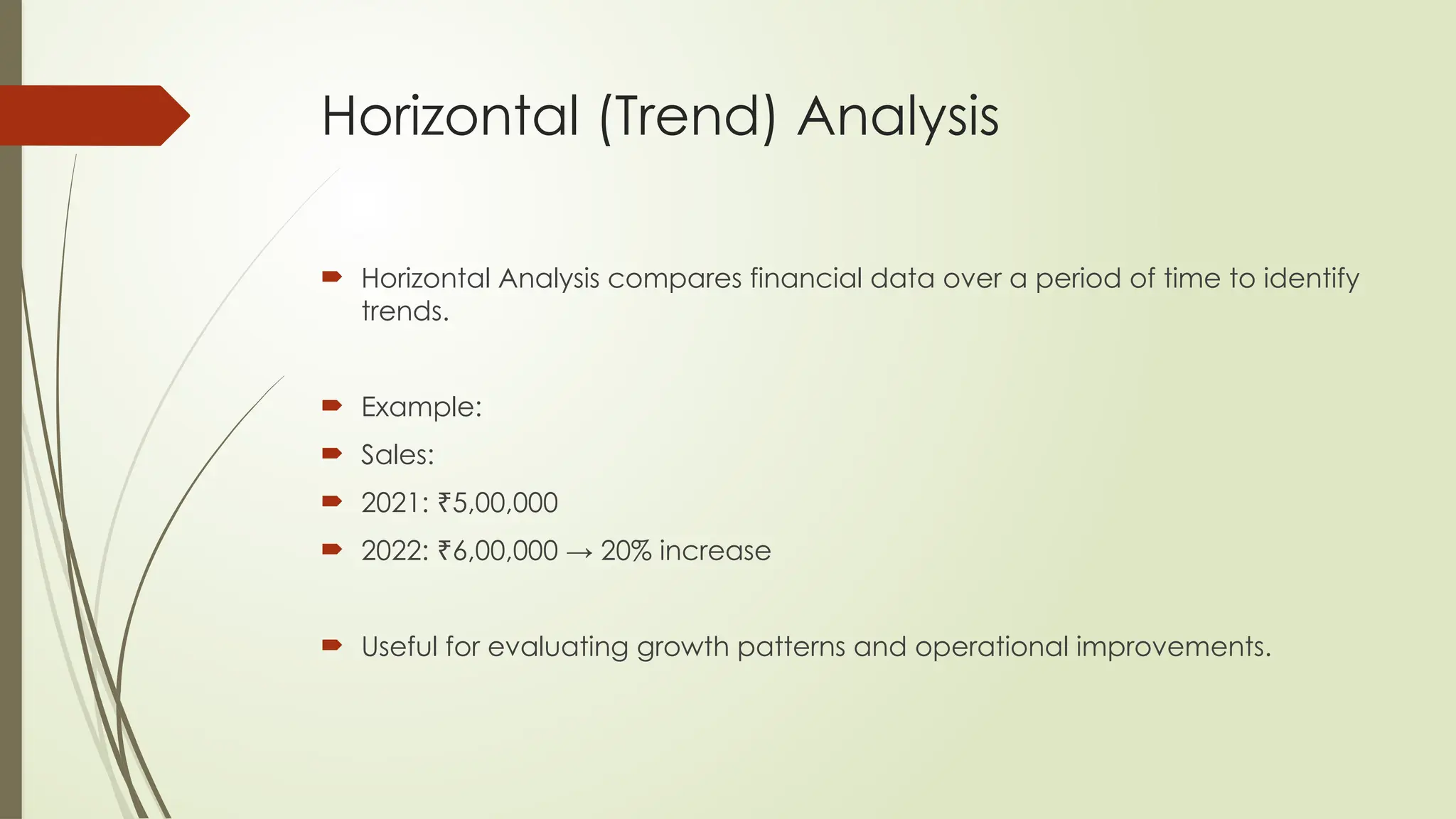 Horizontal (Trend) Analysis
 Horizontal Analysis compares financial data over a period of time to identify
trends.
 Example:
 Sales:
 2021: 5,00,000
₹
 2022: 6,00,000 → 20% increase
₹
 Useful for evaluating growth patterns and operational improvements.
 