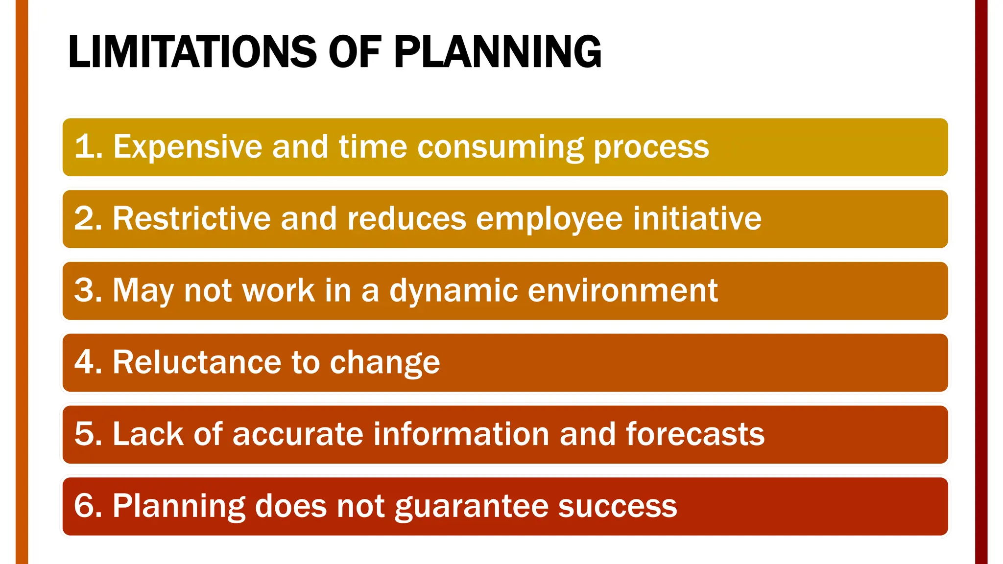 LIMITATIONS OF PLANNING
1. Expensive and time consuming process
2. Restrictive and reduces employee initiative
3. May not work in a dynamic environment
4. Reluctance to change
5. Lack of accurate information and forecasts
6. Planning does not guarantee success
 
