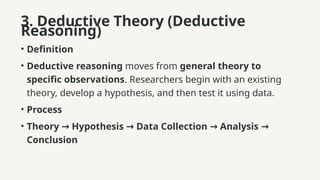 3. Deductive Theory (Deductive
Reasoning)
• Definition
• Deductive reasoning moves from general theory to
specific observations. Researchers begin with an existing
theory, develop a hypothesis, and then test it using data.
• Process
• Theory Hypothesis Data Collection Analysis
→ → → →
Conclusion
 